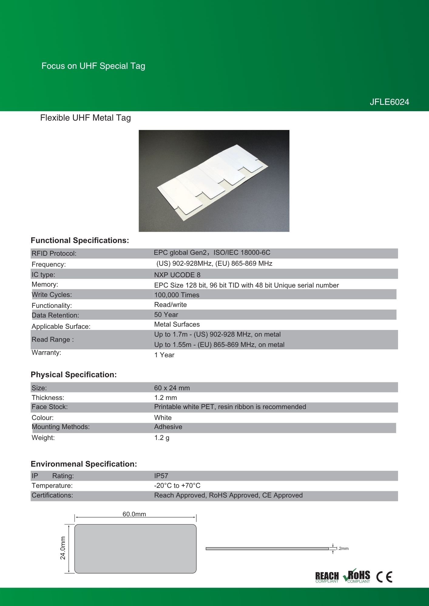 RFID ��°�б�������JFLE6024�ۡ�UCODE8��UHF��/���ȿ���902MHz��928MHz/RFID/IC����/�ե쥭���֥��٥�/��1���