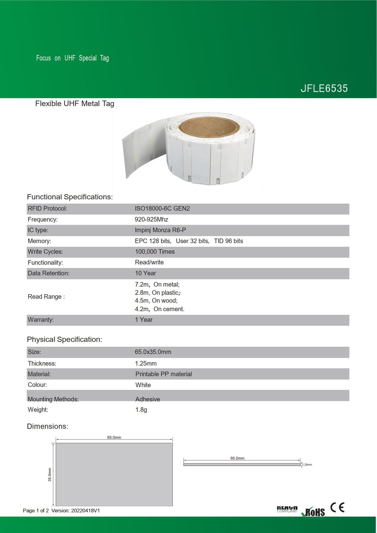 RFID ��°�б�������JFLE6535�ۡ�Impinj Monza R6-P��UHF��/���ȿ���920MHz��925MHz/RFID/IC����/�ե쥭���֥��٥�/��1���