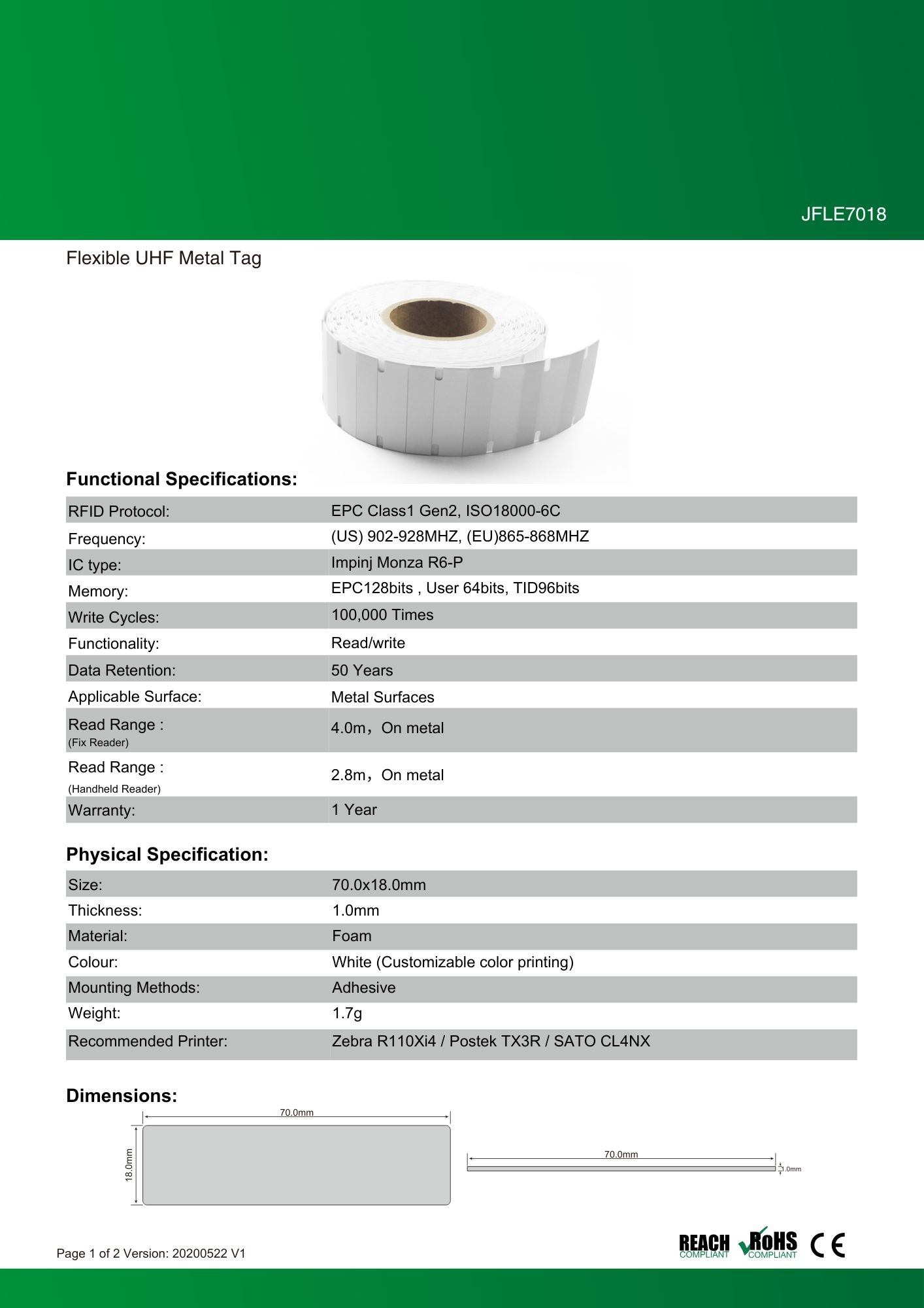 RFID ��°�б�������JFLE7018�ۡ�Impinj Monza R6-P��UHF��/���ȿ���902MHz��928MHz/RFID/IC����/�ե쥭���֥��٥�/��1���