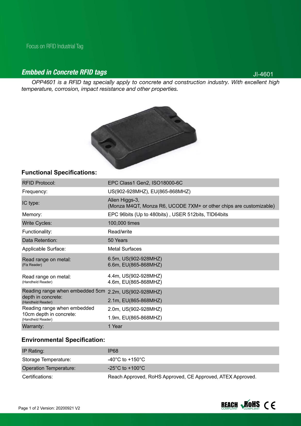 RFID ��°�б�������JI-4601�ۡ�Impinj Monza 4QT��UHF��/���ȿ���902MHz��928MHz/RFID/IC����/���󥯥꡼�ȥ���٥ǥå�