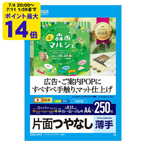 インクジェット用スーパーファイン用紙A4サイズ250枚入り サンワサプライ【JP-EM5N...