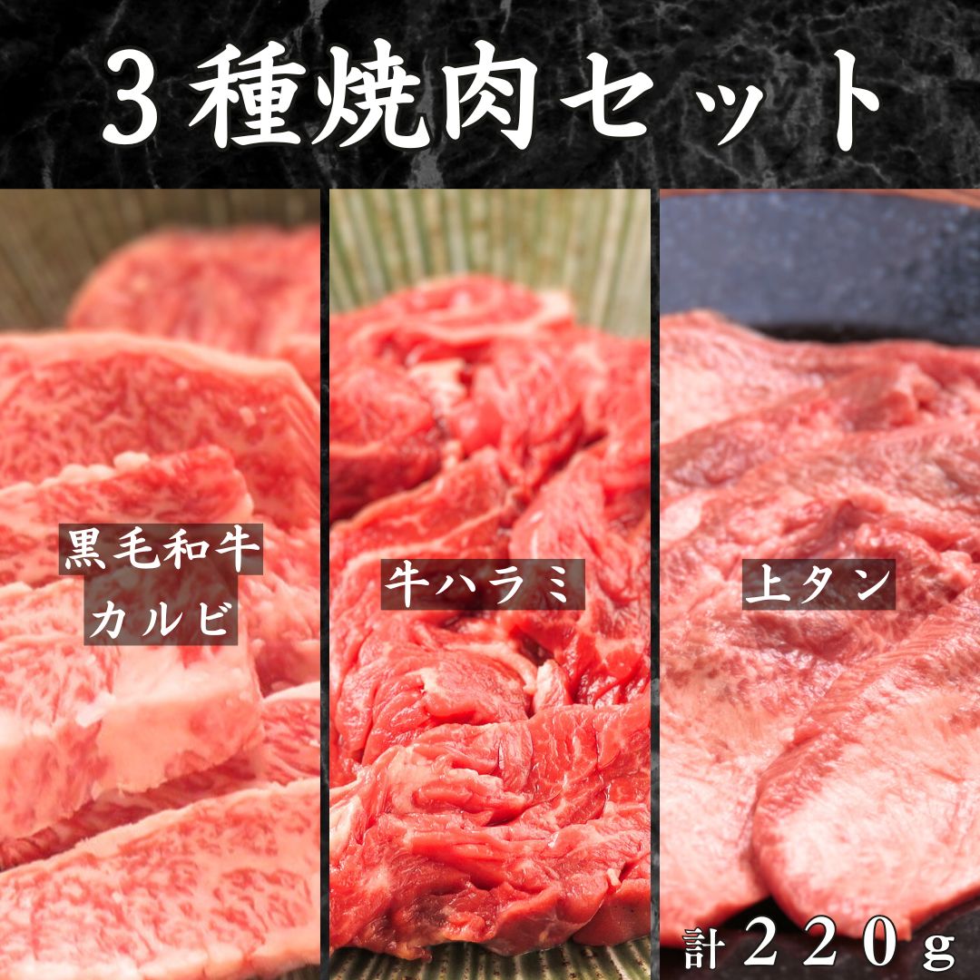 【3種焼肉セット 黒毛和牛カルビ/上タン/牛ハラミ 計220g】1人前 2人前 ギフト 肉 お肉 焼き肉ギフト 御歳暮 お歳暮 肉 お肉ギフト グルメ セット 誕生日 お祝い 食べ比べ 焼肉セット 焼き肉 詰め合わせ 牛肉バラ お肉セット 贈り物 焼肉 焼肉ギフト 牛肉 肉ギフトのサムネイル