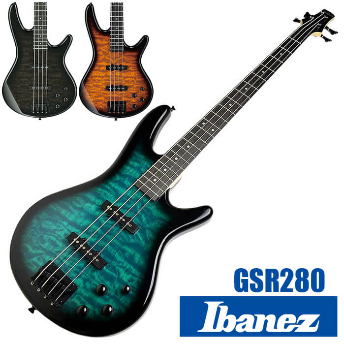 ベース Ibanez GSR280QA (アイバニーズ エレキベース) コンパクトボディ ・(お届け内容) ・ ベースケース ・ ソフトケース ・ ベース本体 ・ 木材料の個体差、照明、モニター環境で、画像と実物の色が多少異なって見える場合があります。 ■ エレキベース本体　Electric Bass Ibanez GIO ： 高い品質基準で世界のトッププレイヤーが愛用する信頼のブランド「アイバニーズ」確かな作りで安心です。 ■ 基本情報 ■ スケール ： 864ミリ ■ フレット22フレット ■ ピックアップ(フロント) ： Dynamix J neck pickupPassive ■ ピックアップ(リア) ： Dynamix J bridge pickupPassive ■ Phat II EQ イコライザー搭載 ■ キルテッドメイプルの美しい杢目をイメージしたボディトップ ■ 特徴 ■ コンパクトなボディで軽く、ラクに演奏を楽しめる ・ 女性の方や小柄な方は勿論、身体の負担を少なくラクに演奏を楽しみたい方にぴったりです。 ■ 音楽ジャンルを選ばない幅広い音色 ・ 弦の音を拾うピックアップ(マイク)が2箇所。硬い音と柔らかい音を拾い、両方の音のバランスを調整する事で、幅広い音色で演奏を楽しめます。 ■ ベースらしい重低音を響かせる「Phat II EQ イコライザー」を搭載。さらに幅広い音色で演奏を楽しめます。 ■ 演奏中に手が触れる部分、弦を支えるパーツなど丁寧に仕上げる事で、初心者でも弾きやすく、安心して演奏を楽しめます。 ■ カラー ・ TMS マリンサンバースト (青系) ・ TKS ブラックサンバースト (黒系) ・ TYS イエローサンバースト (黄 茶系) ■ 全色艶有り(グロス)仕上げ ベース Ibanez GSR280QA (アイバニーズ エレキベース) コンパクトボディ ■ 補足説明 ■ どなたでも楽しめます。 ・大人(男性、女性)、子供（男子、女子）学生（小学生、中学生、高校生、大学生）小さなお子様(男の子、女の子) ■ 様々なプレイスタイルで楽しめます。 ・弾き語り、アンサンブル、バンド演奏、歌の伴奏、ソロベースを楽しめます。指弾き(フィンガーピッキング)、ピック弾き、スラップ(チョッパー) ■ 多様な音楽ジャンルで楽しめます。 ・ボサノバ、フラメンコ、タンゴ、ラテンをはじめ、J-POP（Jポップ）、ロック、ブルース、フォークソング、カントリー、ラグタイム、ジャズはもちろん、演歌、童謡、民族音楽、ハワイアン、フラ(フラダンス)の演奏、メタルやヒップホップ、ブラックミュージック、サンプリングにも多用されています。 ■ 楽しみ方はいろいろ！ ・趣味として余暇を楽しむのはもちろん、学校の音楽の授業、ギター教室、ギタースクール、カルチャースクールのレッスン、発表会。部活（軽音）、アマチュアバンド(バンド演奏)、路上でのストリート演奏、文化祭や学園祭などのイベント。・休日のアウトドア（キャンプ、お花見など野外での演奏）結婚式や二次会、忘年会、新年会の余興・老後に指先を使う事でボケ防止に役立つ事から、老人ホームなどで演奏を楽しむご高齢の方が多くなっています。・自宅録音や、自分の演奏を「歌ってみた」「弾いてみた」でYouTubeなどの動画サイトへ投稿する楽しみ方も増えています。 ■ お好みの1本をお選び下さい。 ・「カワイイ！可愛かった！」「カッコイイ！」など、ご購入者様からの声。ベースは見た目も大事です！ ■ 当店のベース 初心者セット、かわいいギター小物など、ギフトにも好評です。楽器関連アイテムのプレゼントはいかですか？ ・母の日、父の日、敬老の日（親、祖父、祖母へ）、誕生日（夫、嫁へ、息子、娘へ、孫へバースデープレゼント）、バレンタインデーやホワイトデー、クリスマスのクリスマスプレゼント（家族へのクリプレ）など、定番のギフトイベントこそ、初心者モデルのビギナーセットなど、気の利いたプレゼントを贈ってみませんか。また、入学祝い、卒業祝い、成人式や就職、引っ越しなど、新生活の贈り物として、いかがでしょうか。(ギフト包装には対応しておりません。ご了承いただきますようお願い申し上げます。) ■ 送料無料でお届けします(こちらの商品は運賃など運送会社との契約諸事情により、沖縄県は配送対象外となります)ベース Ibanez GSR280QA (アイバニーズ エレキベース) コンパクトボディ ジャンルを選ばない音色。コンパクトで軽くラクに演奏を楽しめる