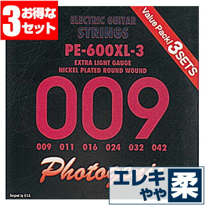 エレキギター弦 PE-600XL (エクストラ ライトゲージ)(3セット販売) ・ ギター弦 ( エレキ弦 ) ・ 用途/ エレキギター用 ( エレキギター弦 ) ・ エレクトリックギター ( エレキギター )全般で使用できます。 ・ 1弦〜6弦が全て入った( セット弦 )です。 ・ (1、2、3弦)は単線( プレーン弦 / Plain string )、(4、5、6弦)は芯線に巻線が巻かれた巻弦( ワウンド弦 / Wound string )です。 ・ 弦の素材 ： (ニッケル) ・ エレキギター弦として一般的な「ニッケル弦」は、太い(3or4弦〜6弦)の巻線に、ニッケル素材(主にスティールにニッケルメッキを施した線)を使用。細い(1弦〜2or3弦)のプレーン弦(単線)はスティール素材です。 ・ 適度にブライトでクセがなく、音域範囲も広く扱いやすい、最も普及しているスタンダードなエレキ弦の素材です。 ・ 詳細 ・ PHOTOGENIC / EXTRA LIGHT PE600XL / SET ・ ゲージ (インチ) 09-42 ( .009 .011 .016 .024 .032 .042 inch ) ELECTRIC GUITAR ・ポストに投函。手間いらずの「ネコポス」対応。 ・こちらの商品は、ポストまでお届けする「ネコポス」に対応しています。 ・宅急便と同じく、通常(1日〜2日)でお届けします。 ・(日時指定)(商品代引配送)が出来ません。 ・通常料金での(宅急便配送)も可能です。ご希望の方はコメント欄に記載下さい。 エレキギター弦 PE-600XL (エクストラ ライトゲージ)(3セット販売)補足説明 ・ (プレイスタイル)に関わらず使用できます。 ・ ピック弾き（ストローク、アルペジオ）、指弾き（フィンガーピッキング）どちらでもOK。弾き語り、バンドアンサンブルで使用できます。 ・ (音楽ジャンル)に関わらず使用できます。 ・ J-POP（Jポップ）、ロック（ロックバンド）、ブルース、フォークソングはもちろん、ジャズやクラシック、演歌や童謡、ハワイアン(ハワイアンミュージック)、フラ(フラダンス)などジャンル問わず使用できます。 ・ 替え弦のストックは、いざと言うときにあると安心です。 ・ 学校の音楽の授業(弦楽器演奏)、ギター教室、ギタースクール、カルチャースクールのレッスンに出掛ける時、発表会、文化祭などのイベントやライブ、部活（軽音）、アマチュア・バンド活動でのスタジオ練習の時など、すぐに弦を交換したい時にあると安心です。もちろん、家での自宅練習の予備弦としてストックしておくと弦交換が安心です。 ・ 当店の楽器関連アクセサリー、関連小物はギフトにも好評です。プレゼントにいかですか？ ・ 母の日、父の日、敬老の日（親、祖父、祖母へ）、誕生日（夫、嫁へ、息子、娘へ、孫へバースデープレゼント）、バレンタインデー、ホワイトデー、クリスマスのクリスマスプレゼント（家族へクリプレ）などなど、定番のギフトイベントこそ、弦やピックといった消耗品や、メンテナンス用品、スタンドなど、気の利いたプレゼントを贈ってみませんか。また、入学祝い、卒業祝い、成人式や就職、引っ越しなど、新生活の贈り物として、いかがでしょうか。 ・ アコギ、エレキ、クラシック、ベース用弦各種取り揃えてます。 ・ 当店では、Elixir (エリクサー)、YAMAHA (ヤマハ)、D'Addario (ダダリオ)、ERNIEBALL (アーニーボール)、Martin (マーチン)、John Pearse (ジョンピアス)、S.Yairi (S.ヤイリ)、AUGUSTINE (オーガスチン)、HANNABACH (ハナバッハ)、SAVAREZ (サバレス)、松岡良治 (MATSUOKA)などの(アコギ弦)、(エレクトリックアコースティックギター弦)、(エレアコ弦)、(エレクトリックギター弦) (エレクトリックベース弦)など、数多く取り揃えております。こちらからどうぞ。ブランド PhotoGenic(フォトジェニック) 品番 PE600XL 用途 エレキギター弦 サイズ .009 .011 .016 .024 .032 .042 素材 Nickel(ニッケル) ゲージ extra light gauge エクストラライトゲージ