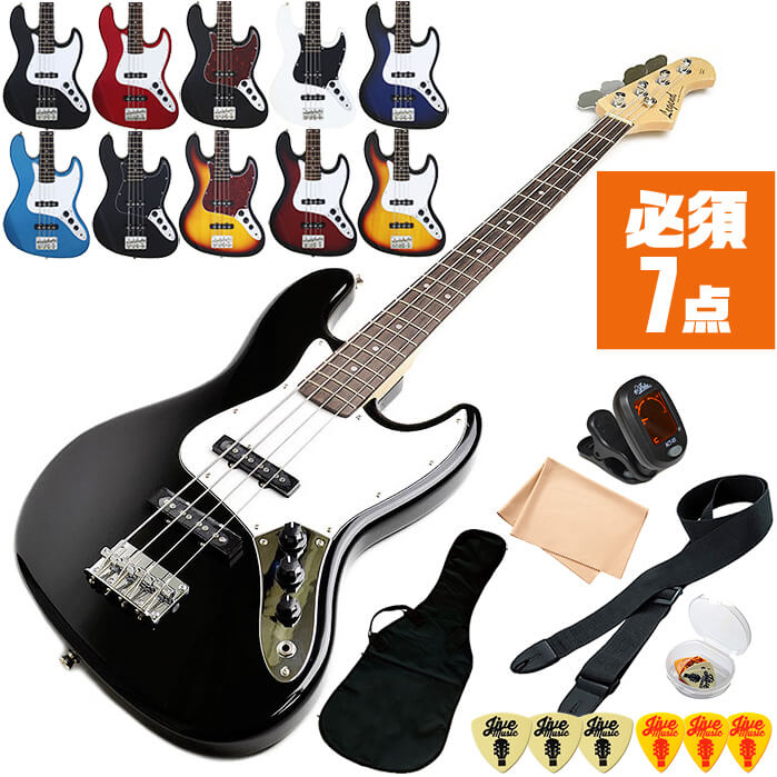 ベース 初心者セット Legend LJB-Z 入門 (必須7点) エレキベース ジャズベース タイプ ■ 必須アイテムセット まずは演奏に必要な最低限のアイテムでシンプルに始めたい方に最適なセットです。 ・(お届け セット内容) ・1. チューナー (チューニングメーター) ・ 弦の音を簡単に合わせられます！(初心者でも使いやすいクリップチューナー) ・2. ストラップ ・ ベースを肩から掛けて演奏します。 ・3. お手入れクロス ・ 汚れをさっとひと拭き ・4. ピック(6種類) ・ 形状、大きさが異なる6種類の中から、自分に合ったピックが見つかります。 ・5. ピックケース ・ 無くしやすいピックをしっかり保管。 ・6. ベースケース (バッグ) ・ ソフトケース ・7. ベース本体 ・木材料の個体差、照明、モニター環境で、画像と実物の色が多少異なって見える場合があります。 ■ エレキベース本体　Electric Bass Legend by Aria Pro 2 ： 国内外のアーティストが愛用する国内老舗ブランド「アリアプロ2」の安心の入門モデルです。 ■ 基本情報 ■ スケール ： 864ミリ ■ フレット21フレット ■ ボディ：バスウッド材 ■ ネック：メイプル材 ■ 指板：ローズウッド材 ■ ピックアップ ： OJ-1 Single Coil x 2 ■ 2 Volume, 1 Tone ■ 特徴 ■ 身体の当たる部分をカットして、構えやすく弾きやすいボディ形状です。 ■ 弦の音を拾うピックアップ(マイク)が2箇所。 ・ それぞれ硬い音と柔らかい音を拾い、両方の音のバランスを調整する事で、幅広い音色で演奏を楽しめます。 ■ カラー ・ ブラウン-ベッコウ柄 (3TS-TT) 茶 ・ ブラウン (3TS) 茶 ・ ブラック-ベッコウ柄 (BK-TT) 黒 ・ ブラック-ブラック (BK-BK) 黒 ・ ブラック (BK) 黒 ・ ホワイト (WH) 白 ・ メタリックレッド (CA) 赤 ・ メタリックブルー (MBL) 青 ・ レッドシェイド (RBS) 赤 ・ ブルーシェイド (BBS) 青 全て艶有り(グロス)仕上げ ベース 初心者セット Legend LJB-Z 入門 (必須7点) エレキベース ジャズベース タイプ ■ 補足説明 ■ どなたでも楽しめます。 ・大人(男性、女性)、子供（男子、女子）学生（小学生、中学生、高校生、大学生）小さなお子様(男の子、女の子) ■ 様々なプレイスタイルで楽しめます。 ・弾き語り、アンサンブル、バンド演奏、歌の伴奏、ソロベースを楽しめます。指弾き(フィンガーピッキング)、ピック弾き、スラップ(チョッパー) ■ 多様な音楽ジャンルで楽しめます。 ・ボサノバ、フラメンコ、タンゴ、ラテンをはじめ、J-POP（Jポップ）、ロック、ブルース、フォークソング、カントリー、ラグタイム、ジャズはもちろん、演歌、童謡、民族音楽、ハワイアン、フラ(フラダンス)の演奏、メタルやヒップホップ、ブラックミュージック、サンプリングにも多用されています。 ■ 楽しみ方はいろいろ！ ・趣味として余暇を楽しむのはもちろん、学校の音楽の授業、ギター教室、ギタースクール、カルチャースクールのレッスン、発表会。部活（軽音）、アマチュアバンド(バンド演奏)、路上でのストリート演奏、文化祭や学園祭などのイベント。・休日のアウトドア（キャンプ、お花見など野外での演奏）結婚式や二次会、忘年会、新年会の余興・老後に指先を使う事でボケ防止に役立つ事から、老人ホームなどで演奏を楽しむご高齢の方が多くなっています。・自宅録音や、自分の演奏を「歌ってみた」「弾いてみた」でYouTubeなどの動画サイトへ投稿する楽しみ方も増えています。 ■ お好みの1本をお選び下さい。 ・「カワイイ！可愛かった！」「カッコイイ！」など、ご購入者様からの声。ベースは見た目も大事です！ ■ 当店のベース 初心者セット、かわいいギター小物など、ギフトにも好評です。楽器関連アイテムのプレゼントはいかですか？ ・母の日、父の日、敬老の日（親、祖父、祖母へ）、誕生日（夫、嫁へ、息子、娘へ、孫へバースデープレゼント）、バレンタインデーやホワイトデー、クリスマスのクリスマスプレゼント（家族へのクリプレ）など、定番のギフトイベントこそ、初心者モデルのビギナーセットなど、気の利いたプレゼントを贈ってみませんか。また、入学祝い、卒業祝い、成人式や就職、引っ越しなど、新生活の贈り物として、いかがでしょうか。(ギフト包装には対応しておりません。ご了承いただきますようお願い申し上げます。) ■ 送料無料でお届けします(こちらの商品は運賃など運送会社との契約諸事情により、沖縄県は配送対象外となります)ベース 初心者セット Legend LJB-Z 入門 (必須7点) エレキベース ジャズベース タイプ 音楽ジャンルを問わない幅広いサウンドのジャズべタイプ