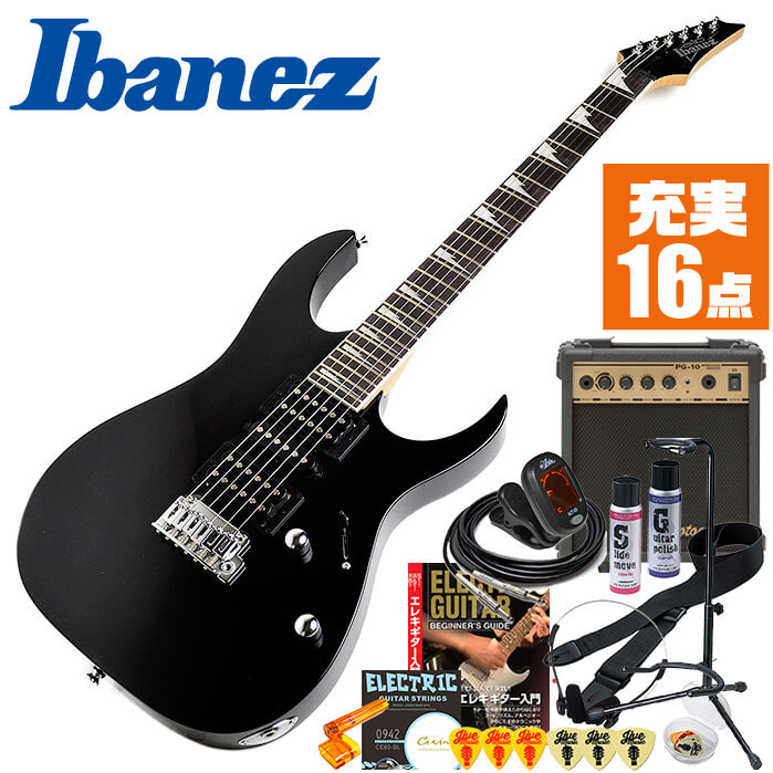 エレキギター 初心者セット アイバニーズ GRG170DX 16点 Ibanez ストラトタイプ ギター 入門 セット ■ これだけ揃えば安心！ 充実セット 楽器の演奏が初めての方でも大丈夫。最初に揃えておきたい、練習で必要になるアイテムがひと通り揃ったセットです。 ・(お届け セット内容) ・1. 初級 教材 ： ビギナー用 教則DVD (初歩 入門編) ・ 教本だけではわかりにくい(指の動き)や(実際の音)など、動画で確認しながら練習できるから、初めてでも、独学でも上達できます。最初の基本がわかります。 ・2. チューナー (チューニングメーター) ・ 弦の音が高いのか低いのか、画面の表示で目で見て分かるから、簡単に音合わせできます！ ・ 初心者でも使いやすいクリップタイプのクリップチューナー。 ・3. ギターアンプ ・(幅 )24、(高) 25.5、(奥行) 11.5センチの自宅練習にぴったりなコンパクトサイズ。 ・4 . シールド ケーブル ・ ギターをアンプと接続します。 ・5. エレキギター弦 (替弦) ・ 1弦〜6弦が入ったセット弦の替弦 ・6. ストリングワインダー ・ 弦交換が簡単に、素早く行えます。 ・7. ストラップ ・ ギターを肩から掛けて演奏します。 ・8. スタンド ・ 倒さない様に置き場に困るギター。スタンドなら安定して置く事ができて安心です。コンパクトな折りたたみスタンド。 ・9. ヘッドフォン ・ アンプを使用した夜間練習などOKです！ ・10. ギターポリッシュ ・ 塗装面の汚れを落として艶を出します。 ・11. 指板潤滑材 ・ 弦の滑りを良くして、錆の防止、汚れ防止効果があります。 ・12. お手入れクロス ・ 汚れをさっとひと拭き ・13. ピック(6種類) ・ 形状、大きさが異なる6種類の中から、自分に合ったピックが見つかります。 ・14. ピックケース ・ 無くしやすいピックをしっかり保管。 ・15. ギターケース (バッグ) ・ ソフトケース ・16. ギター本体 ・木材料の個体差、照明、モニター環境で、画像と実物の色が多少異なって見える場合があります。 ■ エレキギター本体　Electric Guitar トッププレイヤーが愛用する世界的なブランド「アイバニーズ」。エントリーシリーズのGIOシリーズは、確かなつくりで安心の入門モデルです。 ■ 基本情報 ■ スケール ： 648ミリ ■ フレット ： 24フレット ■ ピックアップ ： Infinity RS Pickup (S) ×2、(H)×1 ■ 1 Volume, 1 Tone, 5-way PU Selector SW ■ ブリッジ ： T102 bridge ■ 特徴 ■ プレイヤーの身体や腕があたる部分をカット。身体にフィットして無理のない自然な位置で演奏できるボディ形状です。 ■ 幅広い音色で音楽ジャンルを問わず、オールラウンドに使えます。 ■ 付属のアームバーをトレモロアームに差し込めば演奏の幅がぐっと広がります。 ■ 演奏中に手が触れる部分や、弦を支えるパーツなど丁寧に仕上げられ、調整されています。だから、初心者でも弾きやすい。確かな作りで安心の入門モデルです。 ■ カラー ・ BKN (ブラック 黒) ■ 艶有り(グロス)仕上げ 微メタリック エレキギター 初心者セット アイバニーズ GRG170DX 16点 Ibanez ストラトタイプ ギター 入門 セット ■ 補足説明 ■ どなたでも楽しめます。 ・大人(男性、女性)、子供（男子、女子）学生（小学生、中学生、高校生、大学生）小さなお子様(男の子、女の子) ■ 様々なプレイスタイルで楽しめます。 ・ピック弾き（ストローク、アルペジオ）、指弾き（フィンガーピッキング）、弾き語り、アンサンブル、バンド演奏、歌の伴奏、ソロギター（ギターソロ）を楽しめます。 ■ 多様な音楽ジャンルで楽しめます。 ・クラシック、ボサノバ、フラメンコ、タンゴ、ラテンをはじめ、J-POP（Jポップ）、ロック、ブルース、フォークソング、カントリー、ラグタイム、ジャズはもちろん、演歌、童謡、民族音楽、ハワイアン、フラ(フラダンス)の演奏、メタルやヒップホップ、ブラックミュージックの味付け、サンプリングにも多用されています。 ■ 身近な楽器です。 ・楽譜が読めなくても大丈夫。エレキギター初心者でも簡単なコードを覚えれば、お気に入りの曲に合わせて演奏を楽しめます。 ■ 楽しみ方はいろいろ！ ・趣味として余暇を楽しむのはもちろん、学校の音楽の授業、ギター教室、ギタースクール、カルチャースクールのレッスン、発表会。部活（軽音）、アマチュアバンド(バンド演奏)、路上でのストリート演奏、文化祭や学園祭などのイベント。・休日のアウトドア（キャンプ、お花見など野外での演奏）結婚式や二次会、忘年会、新年会の余興・老後に指先を使う事でボケ防止に役立つ事から、老人ホームなどで演奏を楽しむご高齢の方が多くなっています。・自宅録音や、自分の演奏を「歌ってみた」「弾いてみた」でYouTubeなどの動画サイトへ投稿する楽しみ方も増えています。 ■ 新しい生活様式の中でも趣味が広がります。 ・お家時間に家で楽しめるインドアの趣味として一人でも気軽に楽しめるギターを始める方が増えています。おうち時間、お一人様の暇つぶしのつもりで始めたけれど「楽器の響きに癒されて夢中になっている」など声を多く頂いております。 ■ お好みの1本をお選び下さい。 ・「カワイイ！可愛かった！」「カッコイイ！」など、ご購入者様からの声。ギターは見た目も大事です！ ■ 当店の初心者セット、かわいいギター小物など、ギフトにも好評です。楽器関連アイテムのプレゼントはいかですか？ ・母の日、父の日、敬老の日（親、祖父、祖母へ）、誕生日（夫、嫁へ、息子、娘へ、孫へバースデープレゼント）、バレンタインデーやホワイトデー、クリスマスのクリスマスプレゼント（家族へのクリプレ）など、定番のギフトイベントこそ、初心者モデルのビギナーセット、初級セットなど、気の利いたプレゼントを贈ってみませんか。また、入学祝い、卒業祝い、成人式や就職、引っ越しなど、新生活の贈り物として、いかがでしょうか。 ■ 送料無料でお届けします(こちらの商品は運賃など運送会社との契約諸事情により、沖縄県は配送対象外となります)エレキギター 初心者セット アイバニーズ GRG170DX 16点 Ibanez ストラトタイプ ギター 入門 セット これだけ揃えば安心です！確かな作りで安心の入門モデル