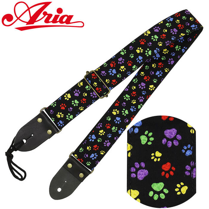 ギター ストラップ (エレキ アコースティックギター ベース) ARIA SPS-2400NK2 B/RA 犬 肉球 ブラック / レインボー