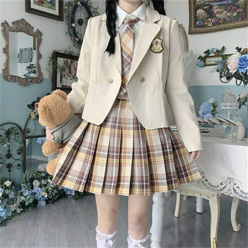 女子高生 制服 5点セット 学生服 JK制服 ジャケット+長袖シャツ＋スカート+蝶結び+バッジ コスプレ レディース 高校制服 セーラー服 JK チェック 学生 cos 卒業式スーツ コスチューム 学園祭 発表会 仮装 ファッション