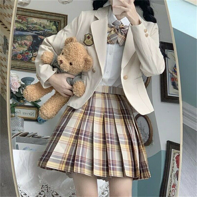 女子高生 制服 5点セット 学生服 JK制服 ジャケット+長袖シャツ＋スカート+蝶結び+バッジ コスプレ レディース 高校制服 セーラー服 JK チェック 学生 cos 卒業式スーツ コスチューム 学園祭 発表会 仮装 ファッション