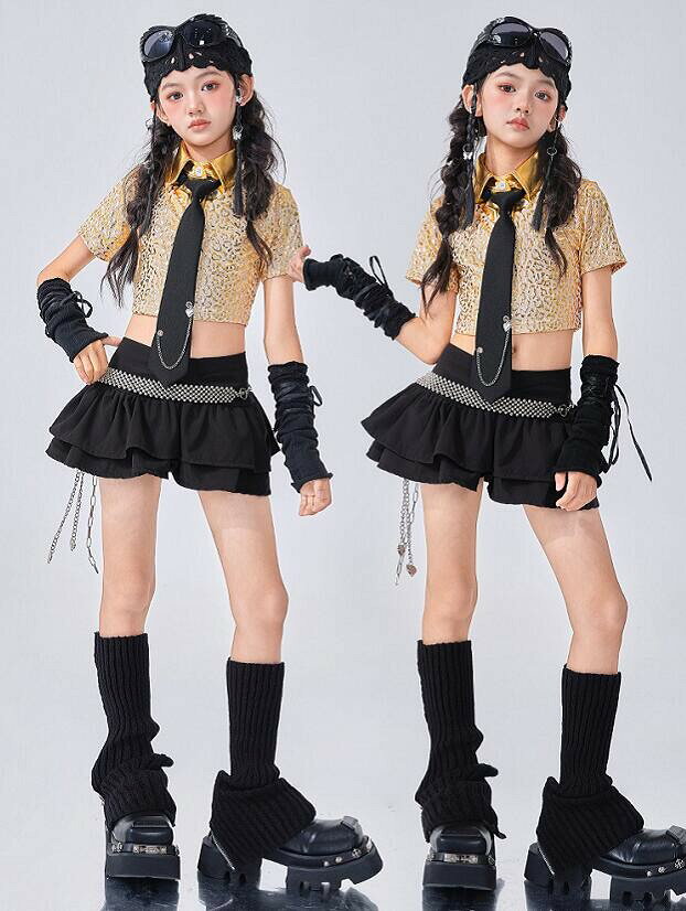 ダンス衣装新品JAZZ 女の子 セットアップ 韓国風 ダンス キッズ子供服 k-pop チーム衣装 Hiphop ガールズ へそ出し廃土風 ガウチョスカートベスト ステージ衣装 ダンス発表会 チアガ - 2