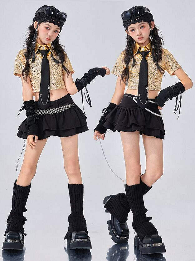 ダンス衣装新品JAZZ 女の子 セットアップ 韓国風 ダンス キッズ子供服 k-pop チーム衣装 Hiphop ガールズ へそ出し廃土風 ガウチョスカートベスト ステージ衣装 ダンス発表会 チアガ - 3