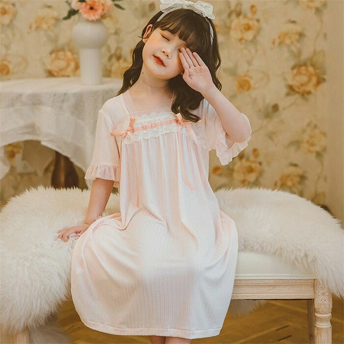 パジャマ キッズ 女の子 お姫様レース ドレス ルームウェア 子供 半袖 ナイトドレス プリンセス フリル ワンピース ガールズ ナイトウェア スリーパー 110-160cm ピンク色春夏 送料