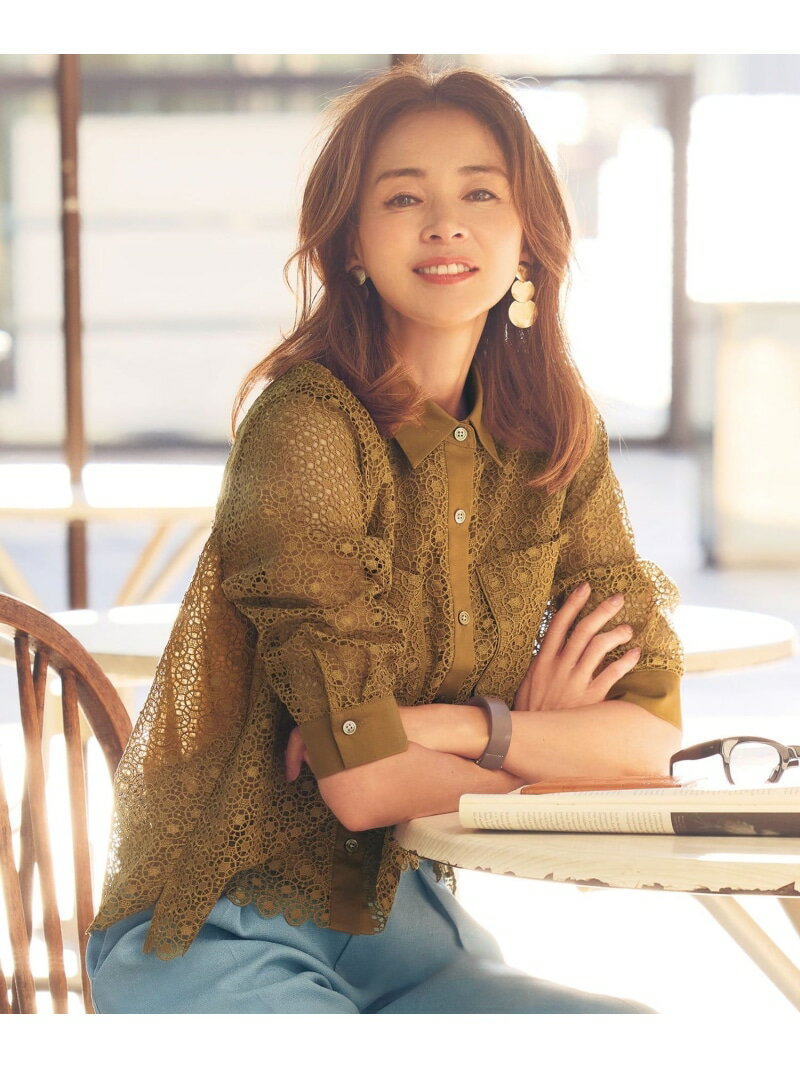 【SHIHOさん着用・洗える】ジオメトリックフラワーレースクロップド丈シャツ ブラウス 自由区 L 