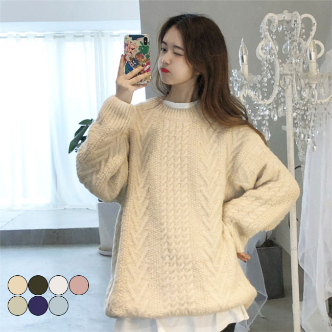 楽天Carina【マラソン期間最大10％OFFクーポン＆P2倍】厚手ニット レディース ニットセーター ケーブル編み セーター ゆったり クルーネック トップス ニット プルオーバー レトロ レディースセーター おしゃれ ベージュ パープル ブルー ピンク