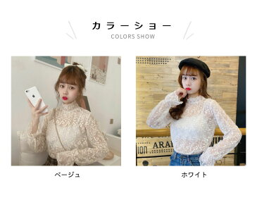【ネコポス送料無料】総レースブラウス レディース ブラウス レース 花柄レース フラワーレース 長袖 フリルネック 透け感 透かしレース スケスケ 透けブラウス トップス プルオーバー お洒落 キレイめ 大人可愛い 重ね着 レイヤード インナー 冬新作