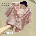 【SS限定価格+半額商品多数+お得クーポン+P2】【マラソン期間最大10%OFFクーポン&P2倍】【ネコポス送料無料】シフォンブラウス レディース ブラウス レース付き レース襟 半袖 シフォン Vネック 透け感 薄手 トップス プルオーバー お洒落