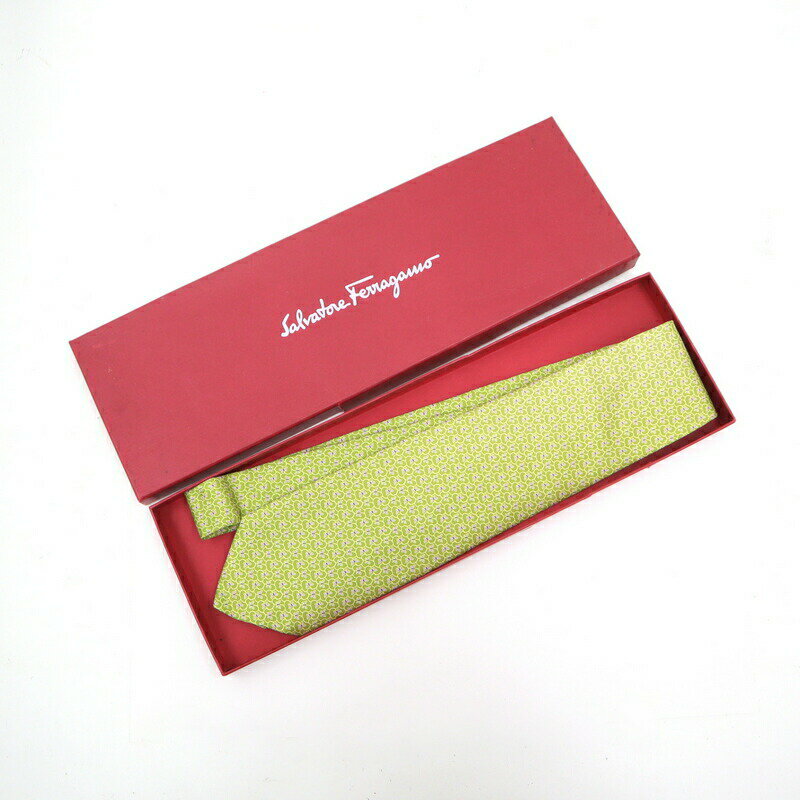 【中古】Ferragamo サルヴァトーレ フェラガモ ネクタイ 蝶柄 シルク100% グリーン×ホワイト×イエロー×ブラック