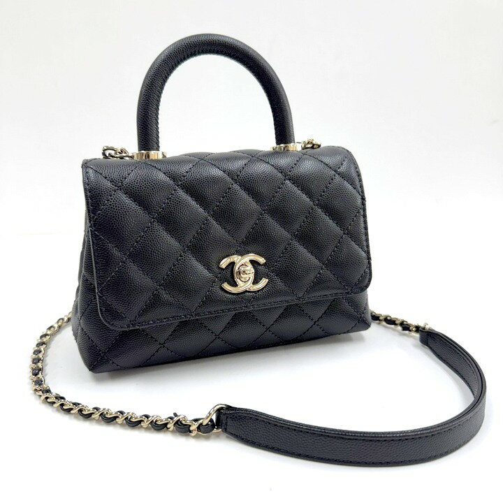 【中古】CHANEL シャネル ココハンドルXXS キャビアスキン×チェーンショルダー ブラック×シルバー金具 AS2215...