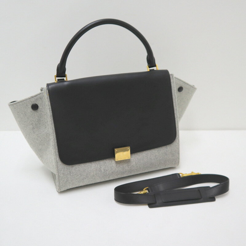 Rakuten - 【中古】CELINE トラペーズ ハンドバッグ レザー×フェルト ブラック×グレー×ゴールド金具
