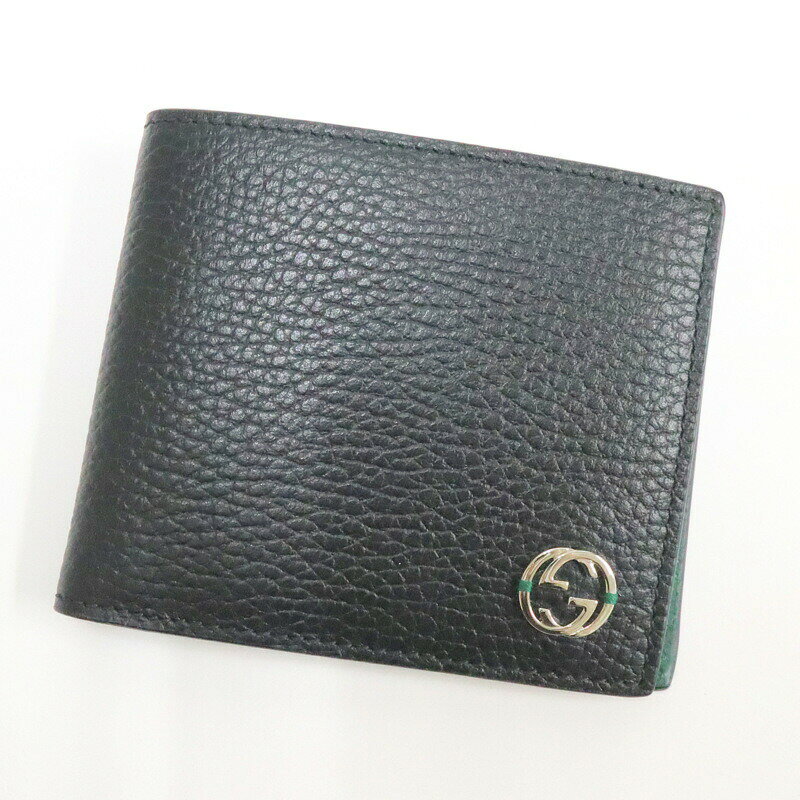 Rakuten - 【中古】GUCCI グッチ インターロッキングG・2つ折りコンパクト財布 ブラック×グリーン レザー 610466