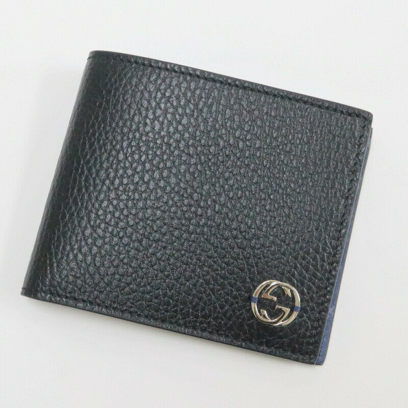 GUCCI - 【中古】GUCCI グッチ インターロッキングG・2つ折りコンパクト財布 ブラック×ブルー レザー 610466