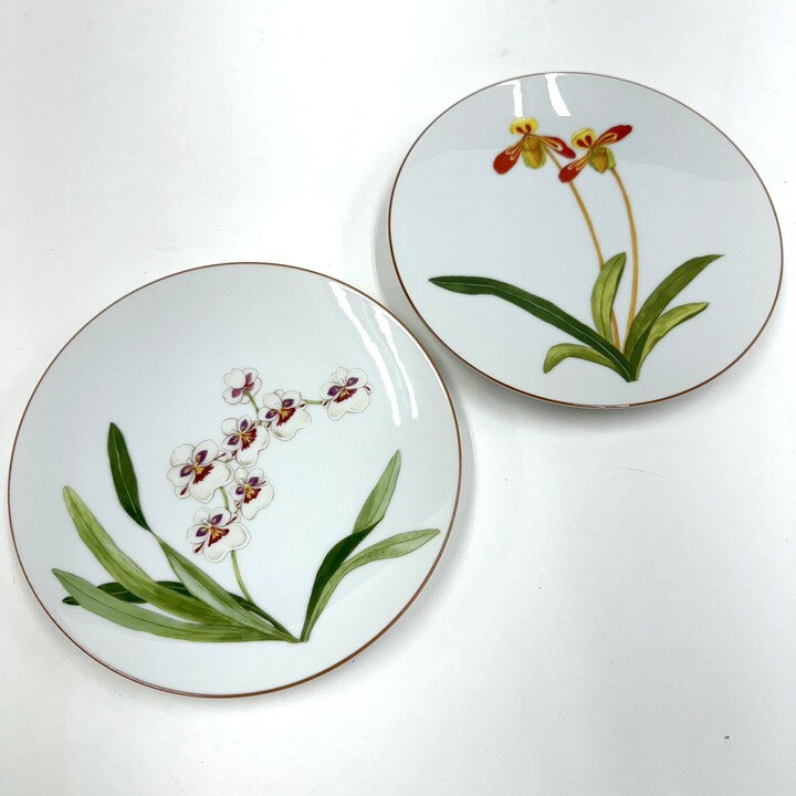 Rakuten - 【中古】HERMES エルメス オルキデ・プレート 2点セット 花デザイン 陶器 ホワイト×マルチカラー No12・No13