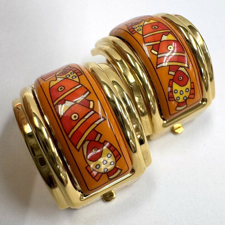 【中古】HERMES エルメス エマイユ デザイン・イヤリング 魚群 七宝焼き×GP オレンジ×ゴールド金具...