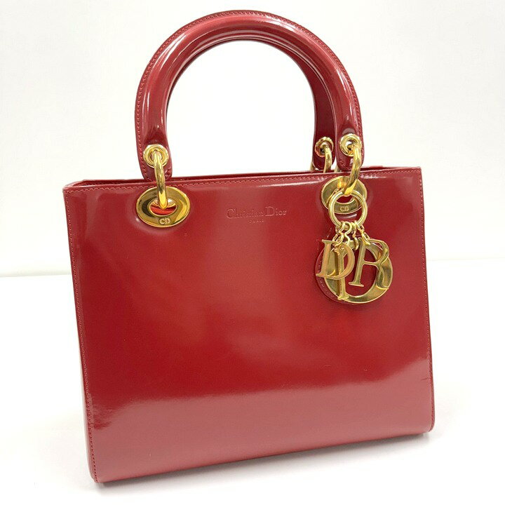 【中古】Christian Dior クリスチャンディオール レディディオール ハンドバッグ スムースエナメルレザー レッド ゴールド金具