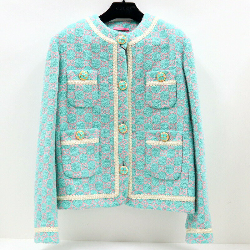 Rakuten - 【中古】GUCCI グッチ GGクローバー ノーカラー・ジャケット コットン グリーン×ピンク サイズ44
