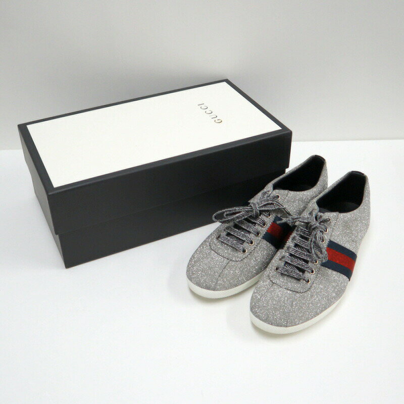 乐天商城 - 【中古】GUCCI グッチ グリッターウェブスタッズスニーカー シルバー ラメ #9 414684