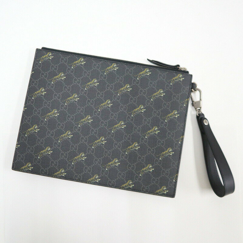 Enamel - 【中古】GUCCI グッチ クラッチバッグ タイガー×GGスプリーム ブラック PVC×レザー 575136