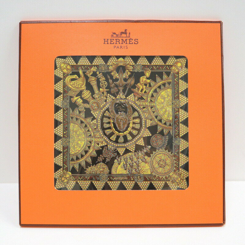 【中古】HERMES エルメス カレ90 首長達の金 L’OR DES CHEFS ブラック×ゴールド シルク100%