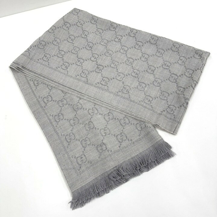 【中古】GUCCI グッチ ストール GG柄 グレー ウール100% 08.338.986