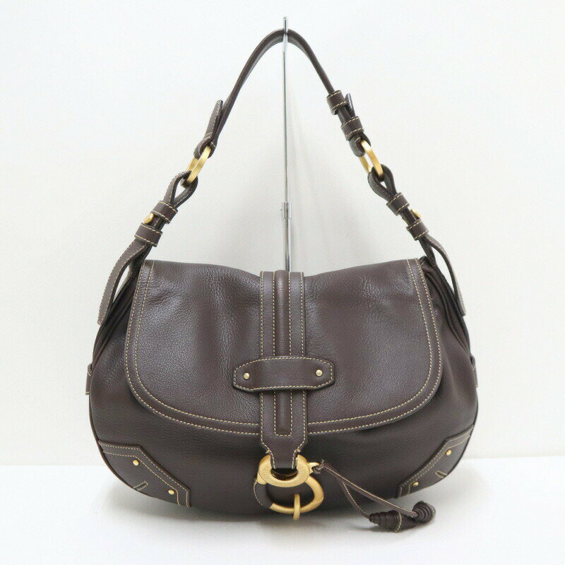 【中古】BALLY バリー ステッチ ショルダーバッグ レザー ダークブラウン×ゴールド金具