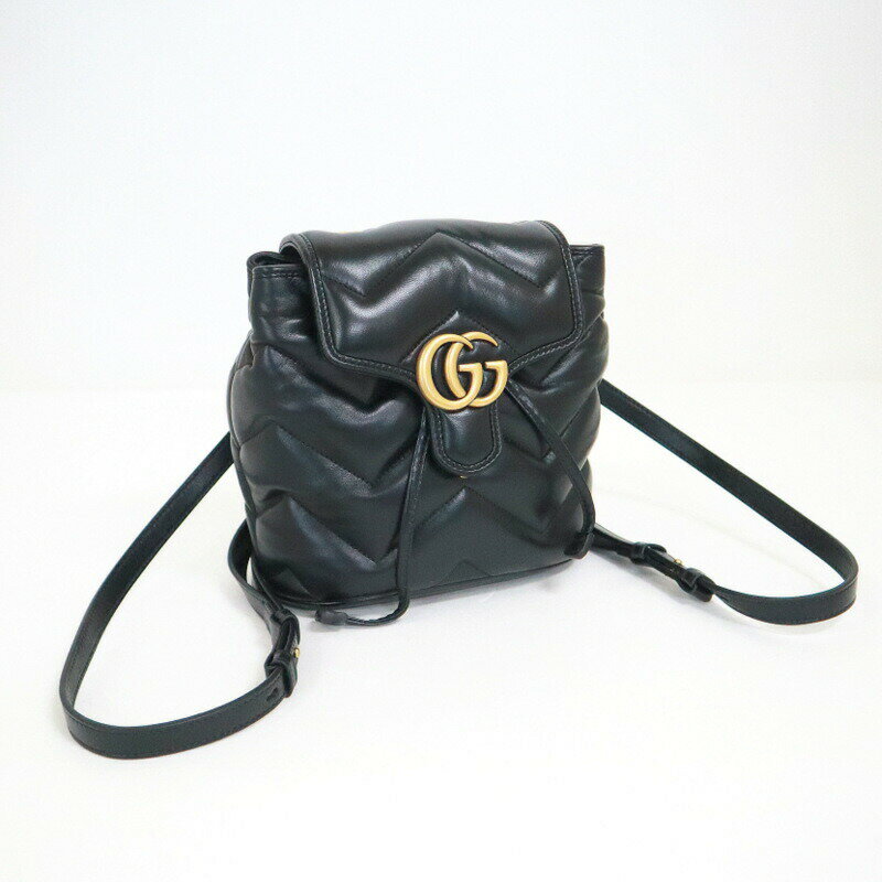 【中古】GUCCI グッチ GGマーモント・リュック ブラック×ゴールド金具 レザー 777253