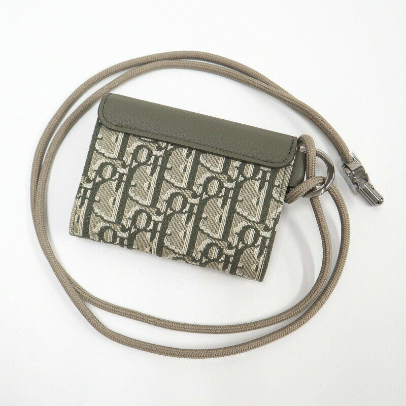 【中古】Dior ディオール サドルフラップ・カードケース 2つ折り財布 キャンバス×レザー マルチグリーン×シルバー金具