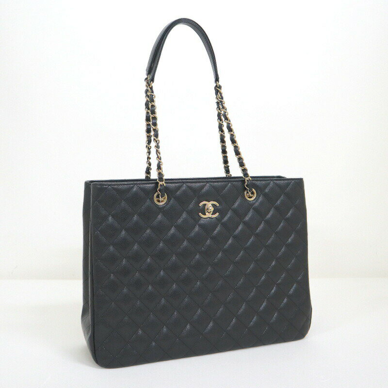 【中古】CHANEL シャネル ラージショッピングトート キャビアスキン ブラック×ゴールド金具 A91046