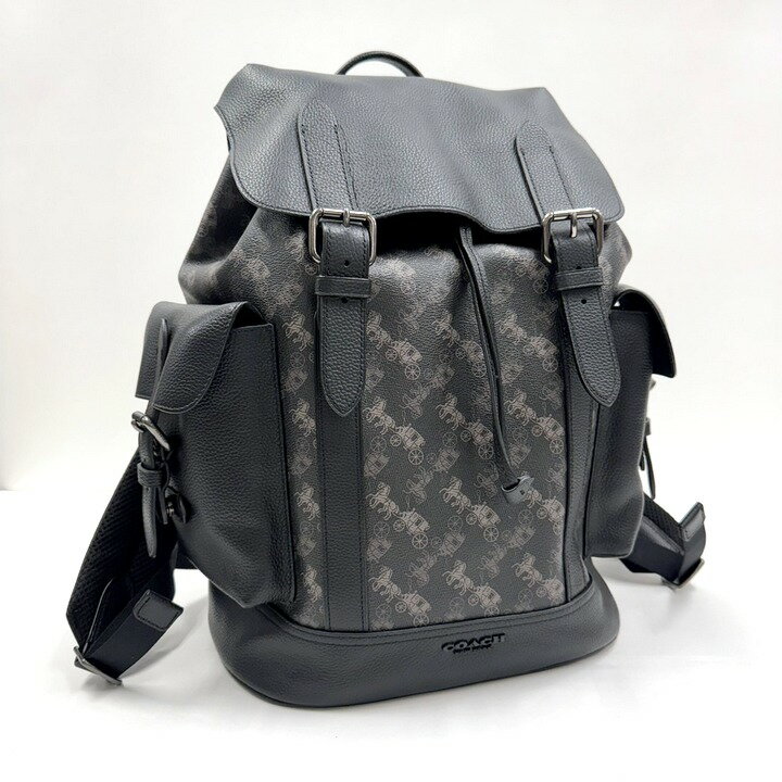 【中古】COACH コーチ ホースアンドキャリッジ リュック キャンバス×レザー ブラック 89897