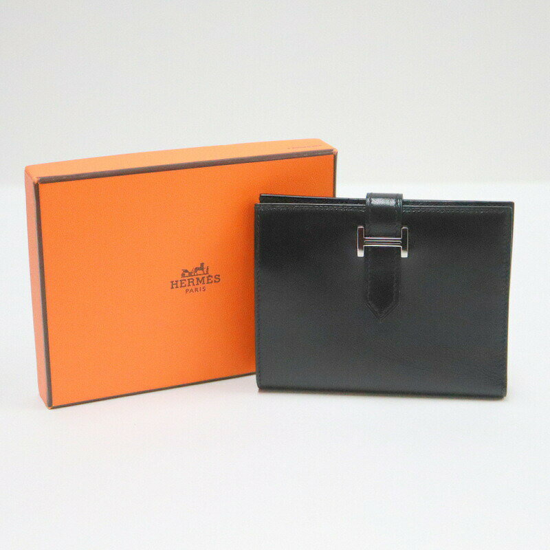 Rakuten - 【中古】HERMES エルメス ベアンコンパクト 2つ折り財布 ブッフルガラ ノワール×シルバー金具 □H刻印