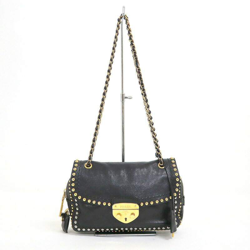 【中古】PRADA プラダ チェーンショルダーバッグ ブラック レザー BR4588
