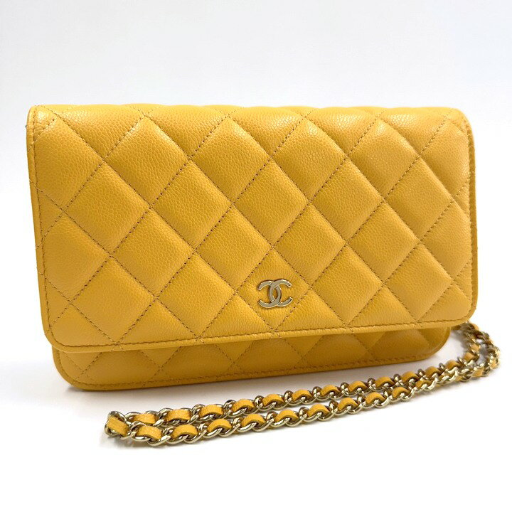 Rakuten - 【中古】CHANEL シャネル マトラッセ チェーンウォレット 長財布 キャビアスキン イエロー×ゴールド金具 AP0250