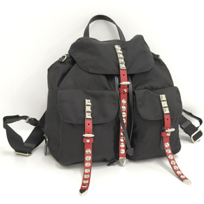 【中古】PRADA ニューヴェラ リュックサック スタッズ ナイロン ブラック 1BZ811