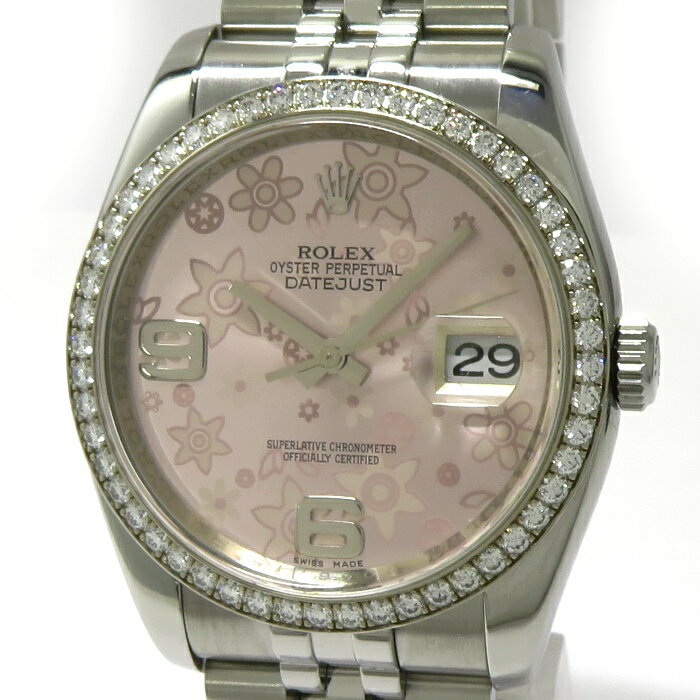 【中古】ROLEX デイトジャスト 自動巻き ベゼルダイヤ 10PD SS ピンクフラワー文字盤 G ...