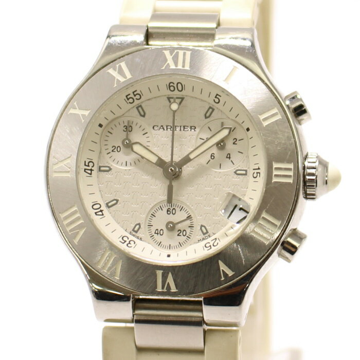 【中古】Cartier クロノスカフ デイト ボーイズ 腕時計 クォーツ SS ラバー アイボリー文字盤 W10197U2