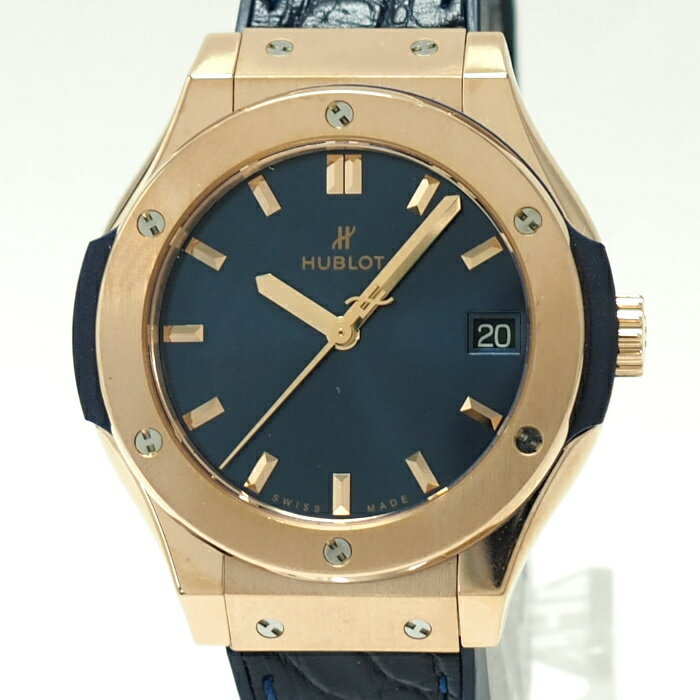 【中古】HUBLOT クラシックフュージョン クォーツ キングゴールド ラバーベルト ネイビー文字盤 581.OX..