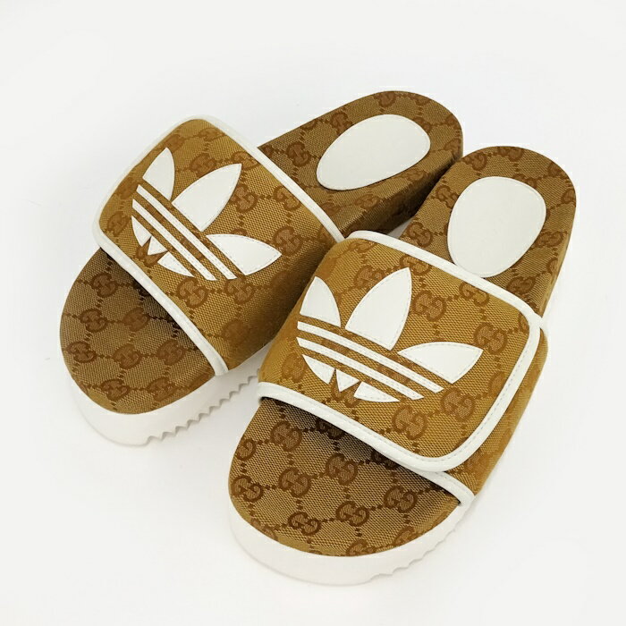 【中古】GUCCI adidas コラボ プラットフォーム サンダル GGキャンバス ブラウン サイズ38