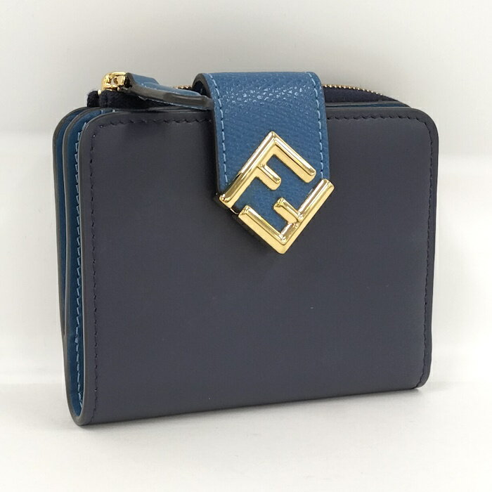 【中古】FENDI 二つ折り財布 レザー ネイビー 8M0490