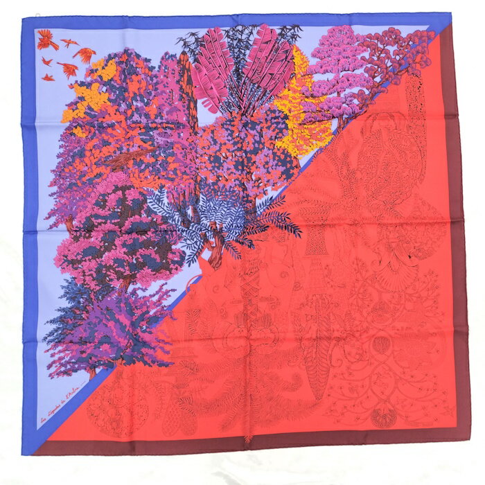 【中古】HERMES Les Legendes de L'Arbre 木の伝説 カレ90 スカーフ レッド ブルー系