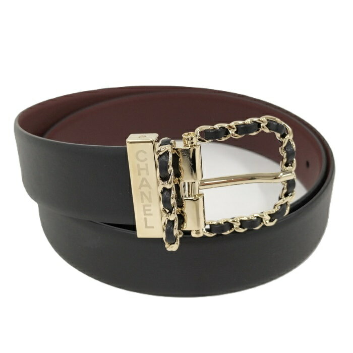 【中古】CHANEL ベルト チェーンバックル リバーシブル ロゴ レザー ブラック ボルドー AA8937