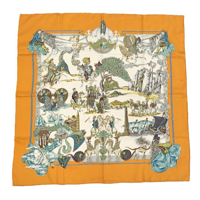 【中古】HERMES カレ90 スカーフ Au FIL de La SOIE シルク100％ オレンジ系